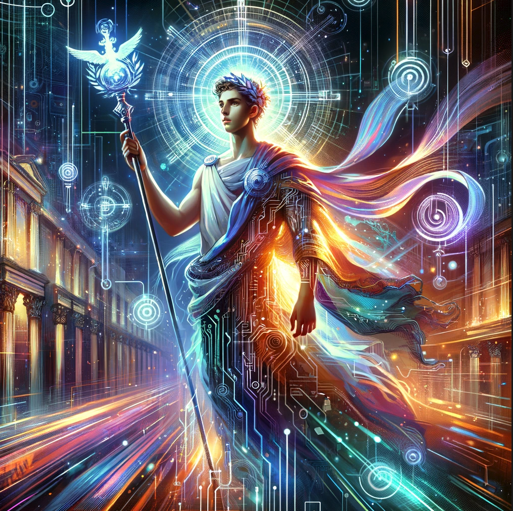 The image of the young god Technius has been rendered, capturing his essence as the deity of the digital realm, innovation, and connectivity.